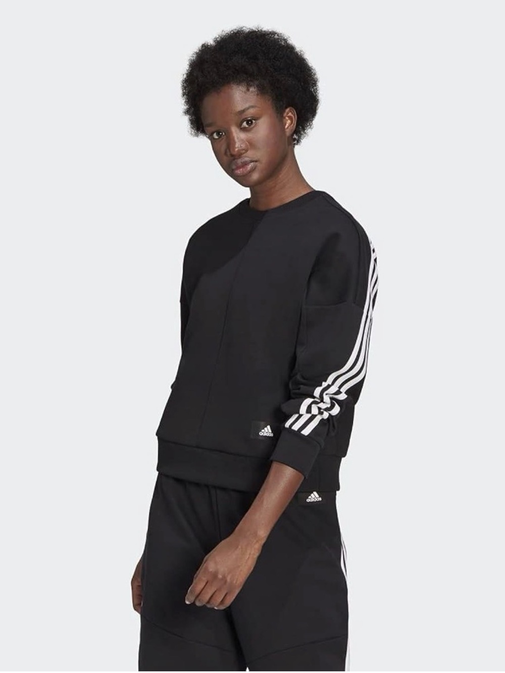 Adidas Cropped Fleece Sweatshirt Black White Stripe Crewneck Size X Small